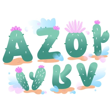 A series of letters is created using a variety of cacti, each letter uniquely shaped with different types of cacti. The letters are arranged in a playful manner, showcasing a mix of tall, spiky cacti along with round, lush ones. Some letters have vibrant flowers blooming atop them, adding splashes of color. The background features a soft gradient of pastel colors that enhances the cacti and their playful design. Each letter stands out distinctly, surrounded by small desert rocks and patches of sand, creating a cohesive and lively composition.
