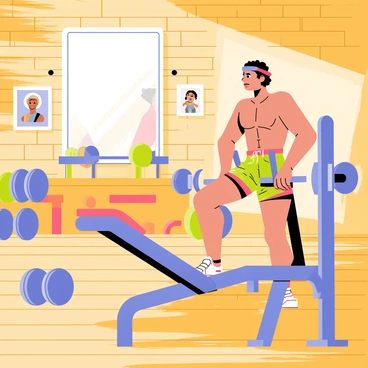 A vintage gym environment with wooden floors and brick walls. In the center, an old-fashioned leg press machine made of metal with a worn leather seat is prominently displayed. A weightlifter from the 1970s, sporting colorful shorts and a headband, is seen using the leg press machine. Dumbbells and barbells of various sizes are scattered around the gym. Posters of popular fitness icons from the 1970s adorn the walls, adding to the nostalgic atmosphere. A large mirror reflects the scene, capturing the determination of the weightlifter.