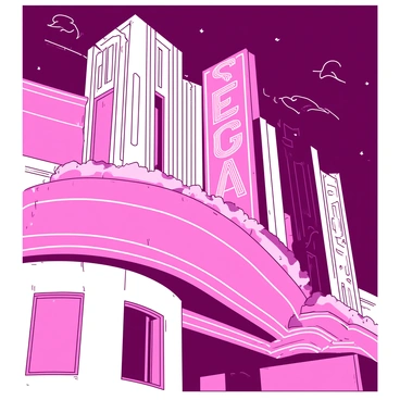 A close-up of a vintage neon sign in bright pink glowing letters, attached to a white Art Deco building. The sign features an intricate design with elegant curves and geometric shapes, reflecting the architectural style of the building. The neon lights illuminate the details of the façade, showcasing ornate patterns and embellishments typical of the Art Deco period. The background includes a dark sky that enhances the brightness of the neon sign, creating a striking contrast.