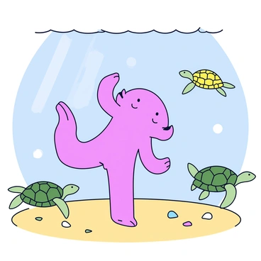 An axolotl with soft pink skin is practicing yoga poses on a sandy ocean floor. The axolotl is balanced on one leg in a tree pose, with its other leg bent and foot resting against its inner thigh. Surrounding the axolotl are two sea turtles, one green and one loggerhead, swimming gracefully nearby. The sandy floor is dotted with colorful pebbles and small seashells, adding detail to the environment. Sunlight filters down through the water, creating gentle patterns on the ocean floor.