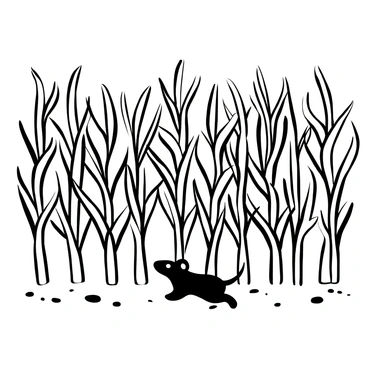 A field mouse scurrying quickly between rows of tall corn stalks, with the corn leaves creating a dense canopy. The mouse has a small, slender body and its fur is textured. The corn stalks are thick and stand upright, casting elongated shadows on the ground. The ground is scattered with small pebbles and patches of dirt, adding to the natural setting. The scene captures the movement of the mouse as it navigates through the narrow spaces between the corn plants.