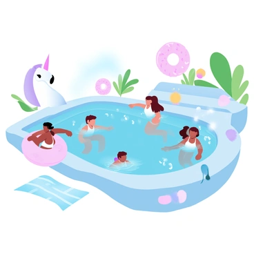 A sparkling swimming pool with crystal clear water is surrounded by colorful inflatable floaties of various shapes, including a unicorn, a flamingo, and a donut. Children are in the pool, splashing water joyfully, with some jumping off the side and others floating on the inflatable toys. Sunlight creates a shimmering effect on the water's surface, and a few beach towels are spread out on the pool deck nearby. Bright green plants are visible in the background, adding to the vibrant atmosphere.