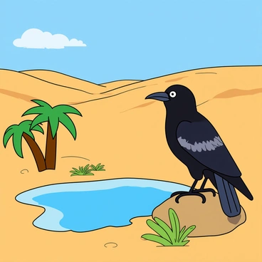 A sleek black raven with shiny feathers is perched on a sun-baked rock. Its eyes are sharp and focused, reflecting a sense of thirst. In front of the raven, there is a small crystal-clear oasis, shimmering under the bright sun. The oasis features a rounded pool of water, surrounded by a few clusters of green palm trees and some lush, vibrant vegetation sprouting from the sandy ground. The desert landscape stretches in the background, with rolling dunes and a bright blue sky overhead, dotted with a few fluffy white clouds.