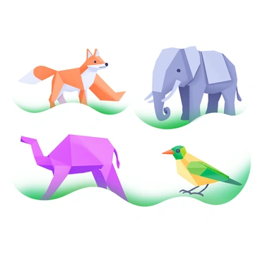 A collection of illustrations depicting various animals, each one uniquely created using a series of colorful polygons. The first illustration features a "polygonal fox" with vibrant orange and white triangular shapes composing its body and tail. The second illustration presents a "polygonal elephant" made of large gray squares and rectangles, showcasing its trunk and ears in a geometric style. The third illustration portrays a "polygonal bird" with a mix of bright yellow and green triangles, highlighting its wings and beak. Each animal is positioned against a soft pastel background, emphasizing the geometric shapes that make up their forms.