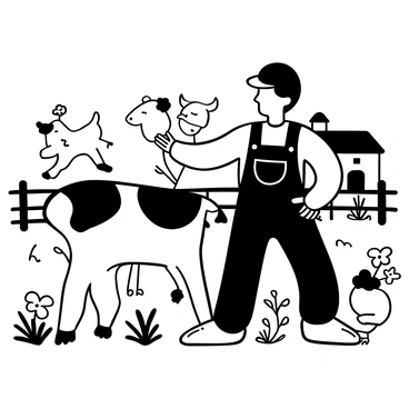 A farmer in overalls standing proudly next to a two-headed calf, with a gentle hand resting on its back. Surrounding them are several farm animals, including a playful goat jumping in the background, a large pig reclining in the grass, and chickens pecking near the farmer's feet. The setting features a rustic barn in the background and patches of wildflowers scattered throughout the scene. A wooden fence runs along one side, completing the farm atmosphere.