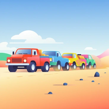 A line of four brightly colored trucks is racing across a vast desert landscape. The trucks are painted in vibrant colors: a red truck, a blue truck, a yellow truck, and a green truck, each showcasing intricate designs on their sides. The sun is shining brightly, casting sharp shadows on the sandy terrain. The ground is a mix of fine golden sand and scattered rocks, while the sky is a deep azure with a few white clouds. In the background, distant sand dunes rise, creating a sense of depth in the landscape. Dust is being kicked up behind the trucks as they speed forward, emphasizing their movement across the arid environment.