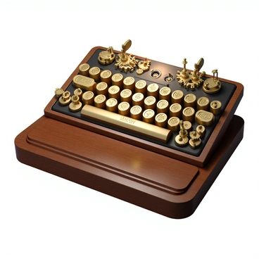 A steampunk-themed keyboard with a polished wooden base and brass keys that shine under the light. Each key has an intricate design, featuring engraved patterns that reflect a vintage aesthetic. Surrounding the keys are various visible gears and cogs, some of which are spinning gently, showcasing the mechanical nature of the keyboard. The keyboard also has a series of small levers and switches placed along the sides, adding to the steampunk theme. Soft ambient lighting illuminates the workspace, creating a warm and inviting atmosphere.