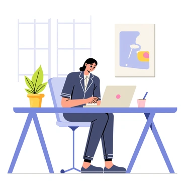 A professional woman wearing a tailored navy blue jumpsuit is seated at a sleek, modern desk. The office features large glass windows that allow natural light to illuminate the space. She is focused on a laptop, with a notepad and a pen beside her. On the wall behind her, there is a large piece of abstract art. A potted plant sits on the corner of the desk, adding a touch of greenery to the contemporary workspace.