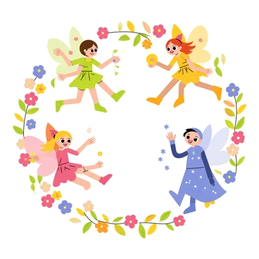 Fairies representing the four seasons each bringing their unique magic to a fairy ring.