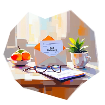 An envelope labeled "Bank Statement" is resting on a wooden kitchen counter. The envelope is partially opened, revealing a glimpse of documents inside. Sunlight streams in through a nearby window, casting soft shadows on the counter surface. A small potted plant sits beside the envelope, adding a touch of green to the scene. A pair of reading glasses lies nearby, suggesting someone has just been reviewing the statement. The kitchen is warm and inviting, with subtle details like a coffee mug and a fruit bowl in the background, enhancing the domestic atmosphere.