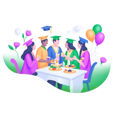 A spring garden party with graduates wearing colorful caps and enjoying refreshments