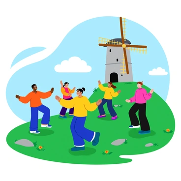 A group of five individuals practicing "tai chi" in a flowing manner on a green hillside. They are positioned around an old, rustic "windmill" with wooden blades, which stands prominently in the background. The windmill has a weathered appearance, featuring peeling paint and a slightly tilted structure. The hillside is adorned with vibrant green grass and wildflowers. A gentle breeze is visible, as indicated by the slight movement of the participants' loose-fitting clothing and the blades of the windmill. The sky above is clear with a few fluffy white clouds scattered throughout.