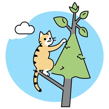 A cartoon cat with orange fur and black stripes is climbing up a tree. The cat is stretching its paw towards a high branch, showcasing a look of determination on its face. The tree is tall with green leaves, and there are smaller branches surrounding the main trunk. The background is a clear blue sky with a few fluffy white clouds.