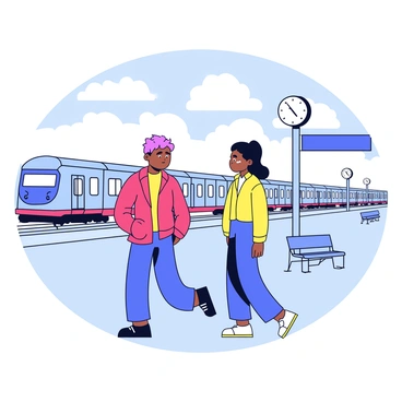 Two individuals are standing on a train station platform, looking at each other with deep emotion. One person has tears in their eyes, while the other maintains a serious expression, both conveying a sense of longing. The background shows a train approaching in the distance, with a few scattered benches and a large clock on the station wall. The sky is overcast, adding to the mood of the scene.