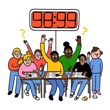 A large digital timer with bright red numbers is prominently displayed at the top of the image, counting down. Below the timer, a diverse group of participants is visible, all wearing casual clothing. Some participants have light skin and short hair, while others have dark skin and long hair. They are intently focused on their quiz questions, with some raising their hands eagerly to answer. A few individuals are shown with big eyes, displaying excitement and determination. The setting appears to be a vibrant quiz competition environment, with desks and quiz sheets scattered around.