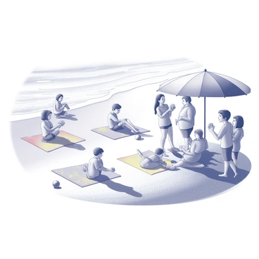 A sandy beach with gentle waves lapping at the shore. Several people are scattered across the beach, some sitting on colorful beach towels and others walking along the water’s edge. In their hands, they hold "bretzels," enjoying them as snacks. A beach umbrella provides shade for a family, with children playing in the sand nearby. The sun is shining brightly, casting distinct shadows on the ground and illuminating the scene. A beach ball lies close to a group of friends who are laughing together.