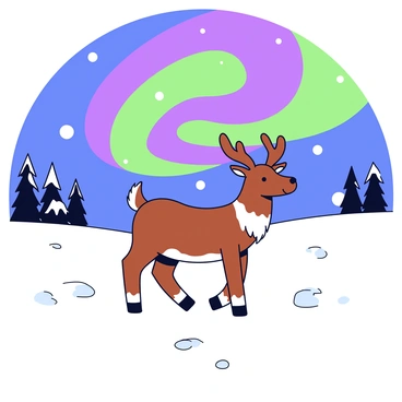 A reindeer with brown fur and white patches stands calmly in a snowy meadow. The ground is covered in a thick layer of soft, white snow. The sky above is illuminated by swirling green and purple hues of the Northern Lights. A few snowflakes gently fall, adding to the winter atmosphere. In the distance, silhouettes of snow-covered trees can be seen against the vibrant sky.