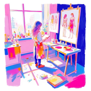 An artist practicing body poses with templates as a reference for a new fashion collection