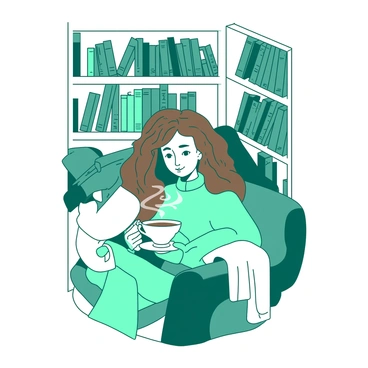 A teal woman is sitting comfortably in a small white library nook, surrounded by shelves filled with various books arranged neatly. She has long brown hair cascading over her shoulders, and she is wearing a soft white sweater. In her hands, she cradles a steaming white cup of tea, with gentle wisps of steam rising into the air. The nook is softly illuminated by a nearby white lamp, casting a warm glow on the books and creating an inviting atmosphere. A small white blanket is draped over the arm of the cozy chair where she sits.