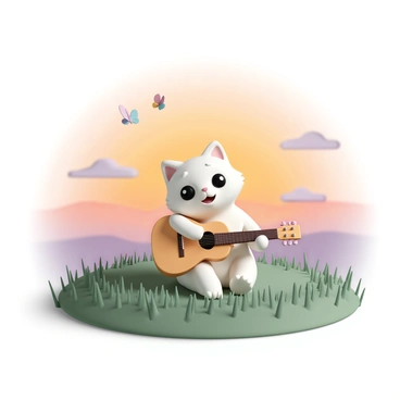 A cute cat, with fluffy white fur and large expressive eyes, sitting on a grassy hill. The cat is holding a small wooden guitar, its tiny paws strumming the strings. The hill is covered in vibrant green grass, gently swaying in the breeze. In the background, a stunning sunset casts warm orange, pink, and purple hues across the sky, creating a peaceful atmosphere. The cat looks focused and joyful as it plays, with a few colorful butterflies fluttering around.