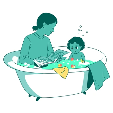 A parent reading a storybook to a child during bath time