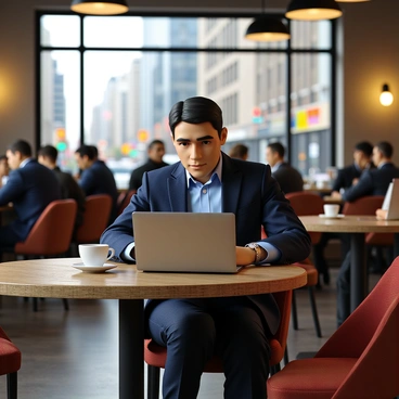 An executive with short, dark hair, wearing a tailored navy blue suit and a light blue shirt. They are seated at a rustic wooden table in a bustling city cafe filled with people. The executive is focused on a silver laptop, typing intently. There is a steaming cup of coffee on the table next to the laptop. Behind them, a large window showcases a vibrant cityscape with tall buildings and busy streets. The cafe has warm lighting and various patrons engaged in conversation or working on their devices.