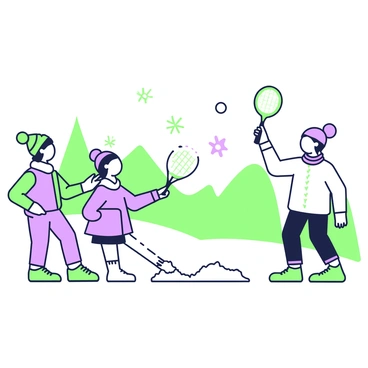 A group of three friends is playing badminton in a snowy landscape. The first friend, a young man with a green beanie, is poised to serve the birdie. The second friend, a woman with a purple scarf, is positioned to receive the serve, holding her racket high. The third friend, wearing a winter jacket, stands nearby watching intently. The birdie, covered in snow, is caught mid-air, with snowflakes gently falling around. The background features snow-covered trees and a distant mountain range.