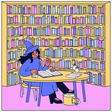 A grand library with high ceilings and ornate wooden bookshelves filled with numerous books. Some books appear to be floating in mid-air, softly illuminated by a warm glow. In the center of the library, a witch with long dark hair, wearing a pointed hat, is seated at a wooden table. She is intently studying ancient, arcane texts that are opened before her. The table is covered with scrolls and magical artifacts.