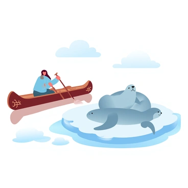 An Inuit canoe gliding smoothly across the water with a person in traditional clothing paddling. The canoe is crafted from wood, showcasing intricate designs on its sides. Nearby, a group of seals is lounging on a large ice floe, their bodies sleek and glistening in the sunlight. The ice floe is surrounded by calm waters, reflecting a clear sky above. The scene captures the peaceful coexistence of the canoe and the seals in their natural habitat.