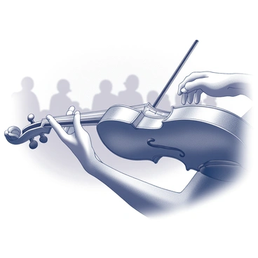 A pair of hands skillfully positioned on the neck of a violin. The fingers move gracefully across the strings, creating a dynamic motion that suggests rapid playing. The violin is held firmly between the chin and shoulder, showcasing an elegant form. In the background, blurred silhouettes of an audience can be seen, enhancing the atmosphere of a live concert. The focus remains on the intricate movement of the fingers and the details of the violin.