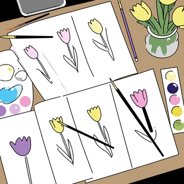 A wooden artist's desk, cluttered with various sketches and vibrant watercolor paintings. The sketches depict detailed outlines of "rare tulips" in different poses and angles. Scattered around are watercolor paintings showcasing the "rare tulips" in a spectrum of colors, from deep purples to soft pinks and bright yellows. Various paintbrushes, some used and some clean, are placed beside the sketches. A palette with mixed colors shows evidence of recent work, and a small vase holds a few "rare tulips," adding a natural element to the scene.