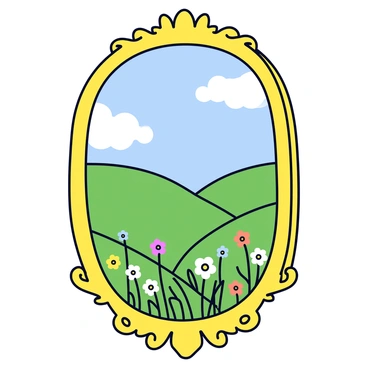 An ornate mirror with a decorative gold frame is positioned upright. The frame features intricate carvings and flourishes. The mirror reflects a vibrant landscape composed of rolling green hills, dotted with wildflowers in various colors. A clear blue sky stretches above, with a few fluffy white clouds. The scene in the mirror is perfectly captured, showcasing the details of the landscape.