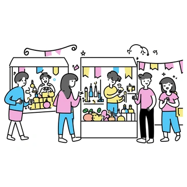 A crowded market scene with multiple stalls. One stall is filled with various "enchanted items," such as glowing trinkets and colorful potions. Another stall displays a variety of "exotic foods," including fruits of unusual shapes and vibrant colors. People of different backgrounds are walking through the market, examining the goods. Some are engaged in animated conversations with the vendors, while others are sampling the foods. Colorful banners and decorations hang above the stalls, adding to the lively atmosphere of the market.