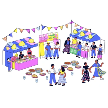 A lively cultural festival taking place in a bright open area filled with stalls and booths. Each stall is adorned with colorful decorations, showcasing various fabrics and patterns. One stall features an array of diverse foods, including vibrant dishes with different ingredients arranged aesthetically on tables. People are gathered around, enjoying the food and engaging in conversations. Nearby, a group of performers is dressed in traditional costumes, showcasing energetic dances that reflect their cultural heritage. The background is dotted with banners and streamers of various colors, adding to the festive atmosphere.