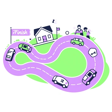 A race track is laid out prominently, with a winding path marked by white lines. Different savings goals are represented as cars of various shapes and sizes speeding towards the finish line. Each car is distinct, with some shaped like a house, while others resemble a piggy bank or a graduation cap. The cars are in vibrant colors, showcasing their unique designs. The finish line is marked with a prominent banner reading "Finish" in bold letters. In the background, there are spectators cheering on the racers, adding excitement to the scene.