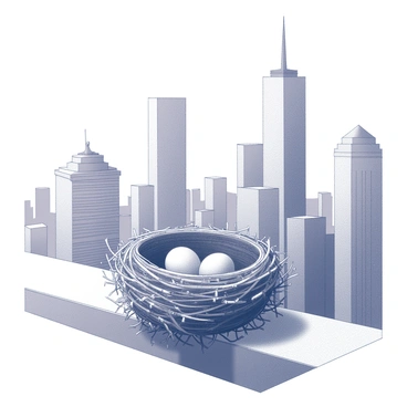 A bird's nest resting on the ledge of a city building. The nest is intricately woven, made from twigs, grass, and small bits of debris. In the background, towering skyscrapers rise high into the sky, showcasing various architectural designs with glass and steel facades. The scene captures the contrast between nature and urban life, with the nest positioned against the backdrop of the bustling city. Some small eggs can be seen nestled within the nest, adding a touch of life to the composition.