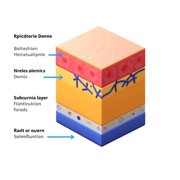 An illustration showing "the three layers of skin": the epidermis, dermis, and subcutaneous layer. The "epidermis" is depicted as the outermost layer, featuring a textured surface with various skin cells. The "dermis" is shown beneath the epidermis, containing blood vessels, hair follicles, and connective tissue. The "subcutaneous layer" is represented as the deepest layer, highlighting fat cells and larger blood vessels. Each layer is labeled clearly, and arrows indicate their respective functions, such as protection, sensation, and insulation.