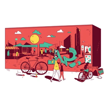 A red wall is covered in colorful graffiti art. The artwork includes various scenes depicting aspects of city life, such as people walking, bicycles, street vendors, and tall buildings. The graffiti is filled with intricate designs and bold shapes, showcasing the hustle and bustle of urban living. Elements like a yellow sun, teal clouds, and abstract shapes weave through the vibrant colors, adding depth and energy to the overall composition.
