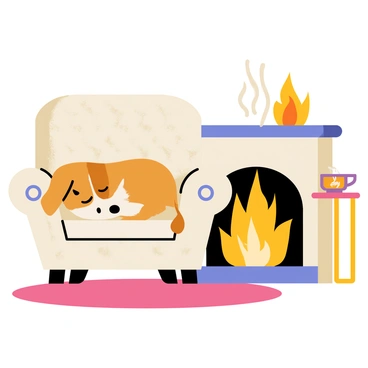 A beagle with brown and white fur is snoozing comfortably on a plush, patterned armchair. The armchair has soft, rounded edges and is upholstered in a warm, inviting fabric. A crackling fireplace is situated nearby, with bright orange flames flickering and casting a gentle glow throughout the room. The beagle is curled up with its nose tucked into its paws, appearing peaceful and relaxed. The floor is covered with a soft, colorful rug, and there is a small side table beside the armchair, holding a steaming cup of tea.