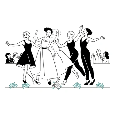 A group of dancers stands on a stage, smiling and taking a bow. They are wearing elegant costumes that vary in design, showcasing different styles and colors. Their arms are outstretched, and they are leaning forward slightly to engage with the audience. Bouquets of flowers are scattered at their feet, creating a scene of celebration. The audience can be seen in the background, clapping and cheering. The stage is illuminated, highlighting the dancers and the vibrant bouquets beneath them.