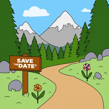 A picturesque mountain trail winding through lush green trees and rocky outcrops. The trail is surrounded by towering peaks in the background, their tops dusted with snow. Along the trail stands a wooden trail marker, prominently featuring the phrase "Save the Date" in bold, white letters. The sky above is bright blue with a few fluffy clouds scattered around. A couple of colorful wildflowers bloom beside the path, adding a vibrant touch to the natural scenery. Sunlight filters through the leaves, casting dappled shadows on the ground.