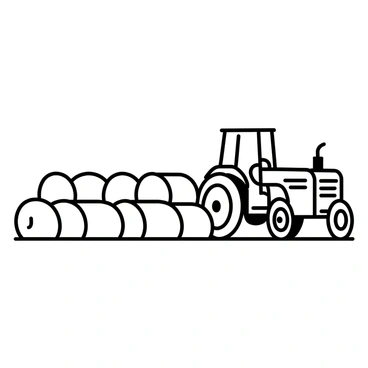 Stacks of hay bales are arranged neatly in a field, their cylindrical shapes clearly defined. The bales are clustered in groups, creating a sense of abundance. In the background, a tractor is parked, facing toward the viewer. The tractor has large tires and distinct features such as a cab and engine compartment. The field is open, with a few blades of grass visible around the base of the hay bales and tractor. The sky above is vast, contributing to the rural atmosphere of the scene.