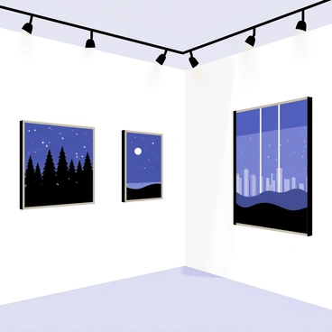 An art exhibition space with white walls, showcasing framed photographs of nature taken at night. The exhibition features images of a starry sky over a tranquil forest, highlighting the deep blues and blacks of the night sky contrasted against the silhouettes of tall trees. Another photograph shows a serene lake reflecting the moonlight, surrounded by a dark landscape. A third image captures a mountain range under a blanket of stars, illustrating the quiet beauty of nature amidst the backdrop of a bright city skyline visible through a large window, emphasizing the contrast with urban light pollution. Soft spotlighting illuminates each photograph, drawing attention to the intricate details of the night scenes.