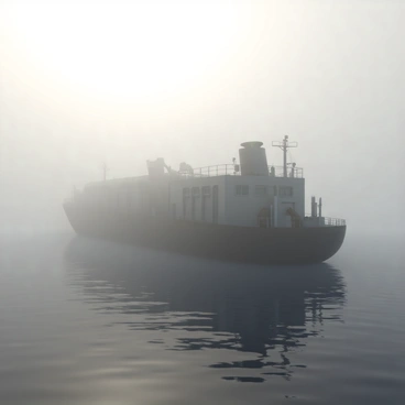 A bunker barge is partially visible as it emerges from a thick morning fog. The barge has a sturdy, industrial design with a dark hull and large tanks for fuel storage. Its deck is equipped with various pipes and machinery, indicating its purpose for transporting fuel. The atmosphere is filled with a soft, muted light, enhancing the mysterious feel of the fog. Echoing through the air is the sound of the barge's horn, reverberating against the dense fog, creating an impression of isolation and strength. The surrounding water is still, reflecting the muted colors of the fog and the barge itself.