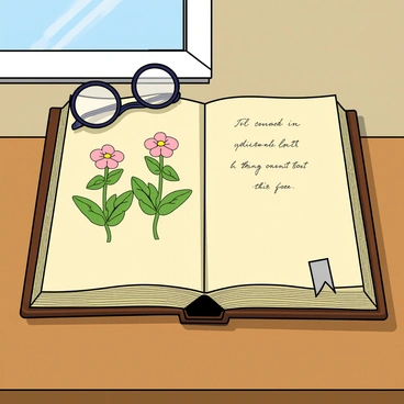 An open vintage book with a worn leather cover and yellowed pages is resting on a wooden table. The left page displays a colorful illustration of primroses, showcasing delicate pink and yellow flowers with green leaves. The right page features faint, handwritten text in a flowing script. A pair of round reading glasses sits on top of the book, and a small silver bookmark peeks out from the top, hinting at where the reader has left off. Soft sunlight filters in from a nearby window, casting gentle shadows across the pages.
