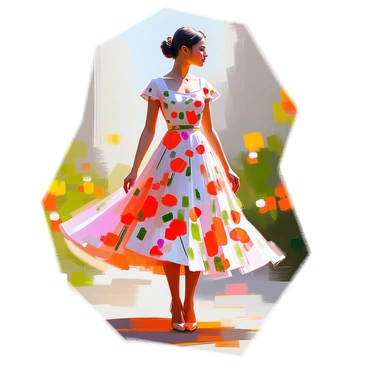A flowing dress adorned with a vibrant pattern inspired by "coquelicot flowers." The fabric showcases a rich palette of reds and greens, featuring clusters of delicate red poppy blossoms scattered across the surface. The dress has a fitted bodice that gently flares out into a full skirt, creating an elegant silhouette. Long, flowing sleeves drape gracefully from the shoulders, enhancing the overall movement of the garment. The background includes hints of lush greenery, emphasizing the floral motif of the dress.