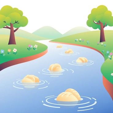 A wide river is flowing, but instead of water, it is filled with various types of dumplings. The dumplings are floating gently, creating ripples as they move downstream. On either side of the riverbank, lush green grass grows, dotted with colorful wildflowers. A few trees with vibrant green leaves stand tall, casting soft shadows over the dumpling-filled river. In the background, soft hills rise, completing the tranquil landscape. The scene is bathed in warm sunlight, illuminating the textures of the dumplings as they glide through the river.