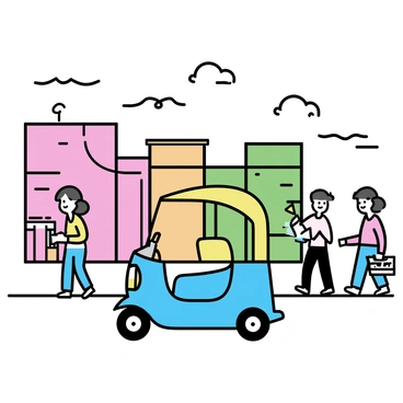 A colorful electric rickshaw with a bright blue body and yellow accents is navigating through the streets. The rickshaw has three wheels and a canopy covering the seats. The background features buildings painted in various vibrant colors, including pink, green, and orange, creating a lively urban atmosphere. People are walking along the sidewalks, some of them interacting with street vendors. The sky is clear with a few white clouds visible above.