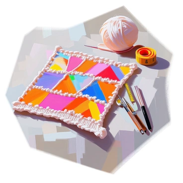 A close-up view of a knitted piece showcasing an intricate pattern composed of geometric angles, specifically angles 2 and 5. The yarn is vibrant, featuring a blend of colors that transition smoothly throughout the design. The fabric is tightly woven, displaying the defined shapes of the angles clearly. Surrounding the knitting is an assortment of knitting tools, such as needles and a measuring tape, placed neatly beside the work in progress. The background is softly blurred, drawing attention to the detailed texture and craftsmanship of the knitted angles.