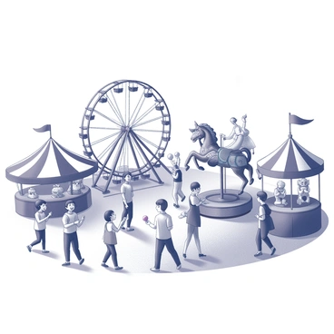 A lively carnival scene filled with various eccentric rides. There is a towering Ferris wheel, its colorful gondolas spinning slowly. Nearby, a carousel adorned with fantastical creatures rotates, with happy children riding on the mythical animals. Enthusiastic visitors of all ages can be seen walking around, some holding cotton candy and balloons, while others are laughing or pointing at the exciting attractions. Brightly striped tents house game booths where players are engaging in friendly competition, aiming to win prizes. The atmosphere is filled with energy and joy, capturing the essence of a fun-filled day at the carnival.